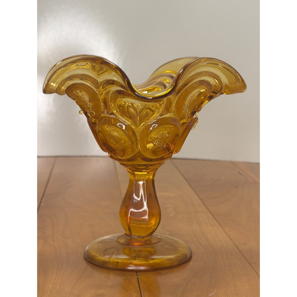 Vintage L.E. Smith Moon & Stars Amber Compote | Footed Ruffled Bowl